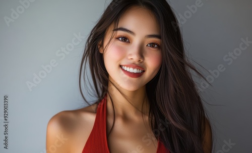 The Asian model woman showcases a range of expressions, from friendly smiles to serious looks, with red outfits and nuanced lighting enhancing the visual harmony.