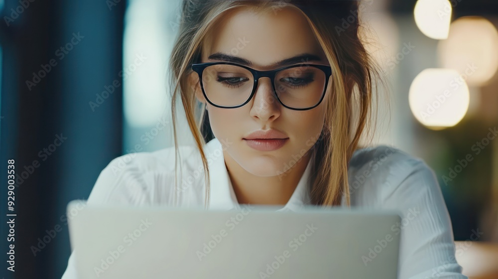 Young Woman Wearing Glasses Looking at Laptop Screen Young Woman Wearing Glasses Looking at Laptop Screen