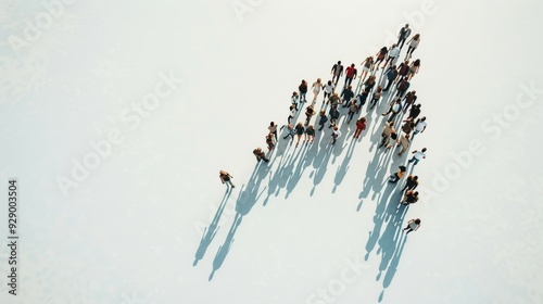 Aerial view of a group of people casting long shadows on a white surface, forming a triangular shape as they converge and move together towards a common point. photo