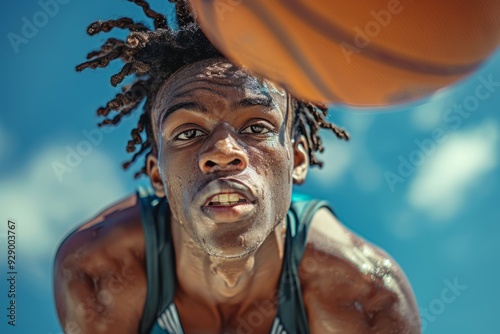 Fototapeta Naklejka Na Ścianę i Meble -  Young basketball player with ball against blue sky