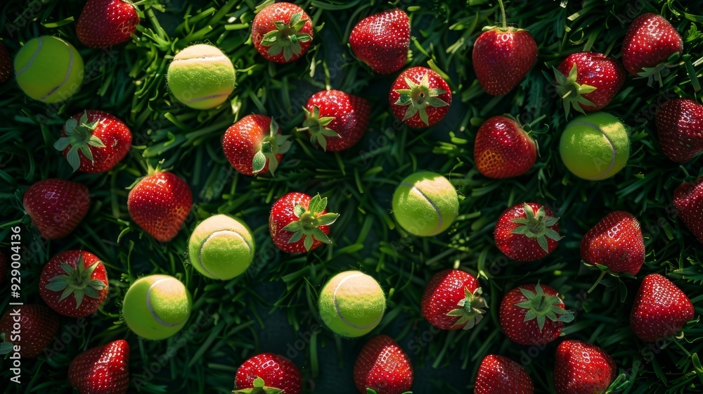 Fresh strawberries and tennis balls arranged on greenery under natural light Fresh strawberries and tennis balls arranged on greenery under natural light