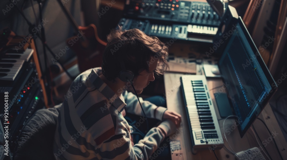 Naklejka premium A music producer works on a keyboard and computer in a cozy studio, surrounded by instruments and audio equipment, focused on creating a masterpiece.