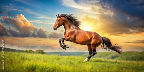 Beautiful brown horse bucking on a sunny meadow, horse, brown, bucking, sunny, meadow, grass, nature, outdoors, wild
