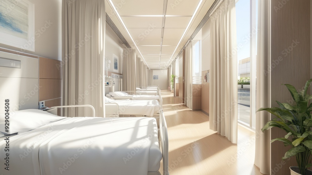 A modern hospital ward featuring bright, clean spaces with curtains around the beds for patient privacy. A modern hospital ward featuring bright, clean spaces with curtains around the beds for patient privacy.