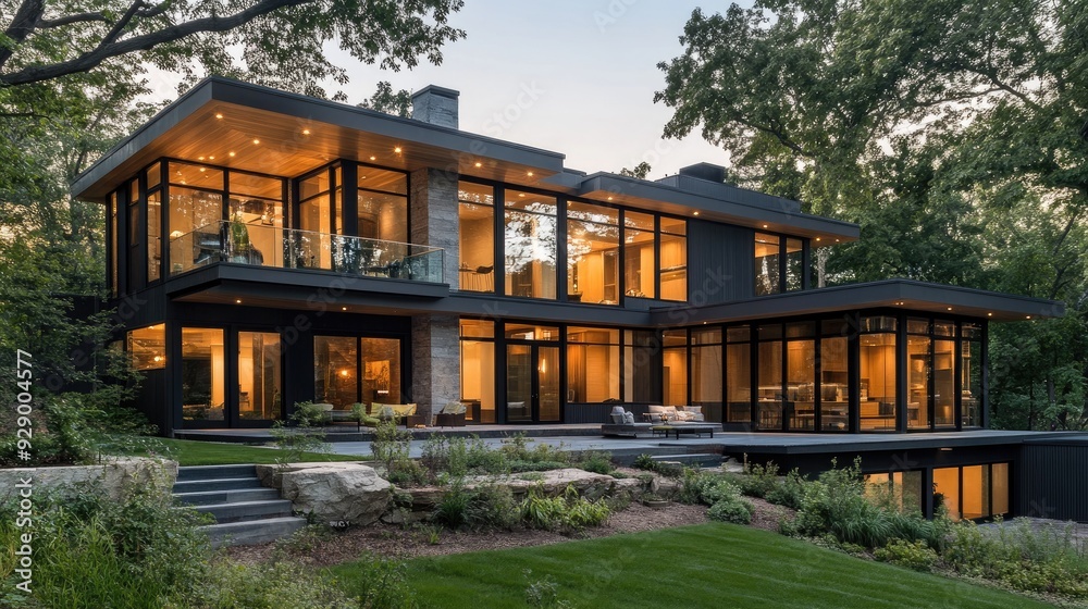 A modern home exterior with expansive glass windows, blending seamlessly with its natural surroundings.