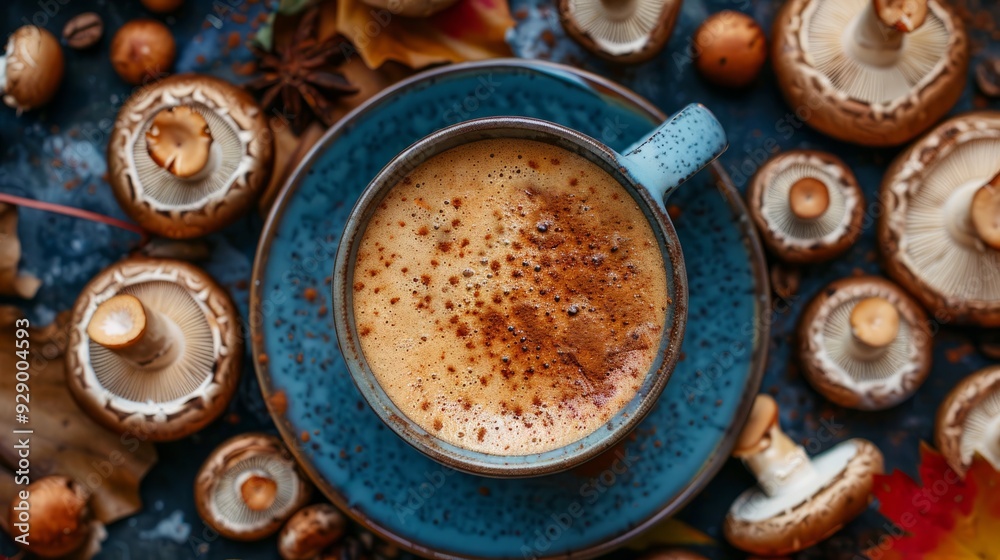 Warm coffee topped with spices surrounded by fresh mushrooms on a rustic wooden table in autumn Warm coffee topped with spices surrounded by fresh mushrooms on a rustic wooden table in autumn
