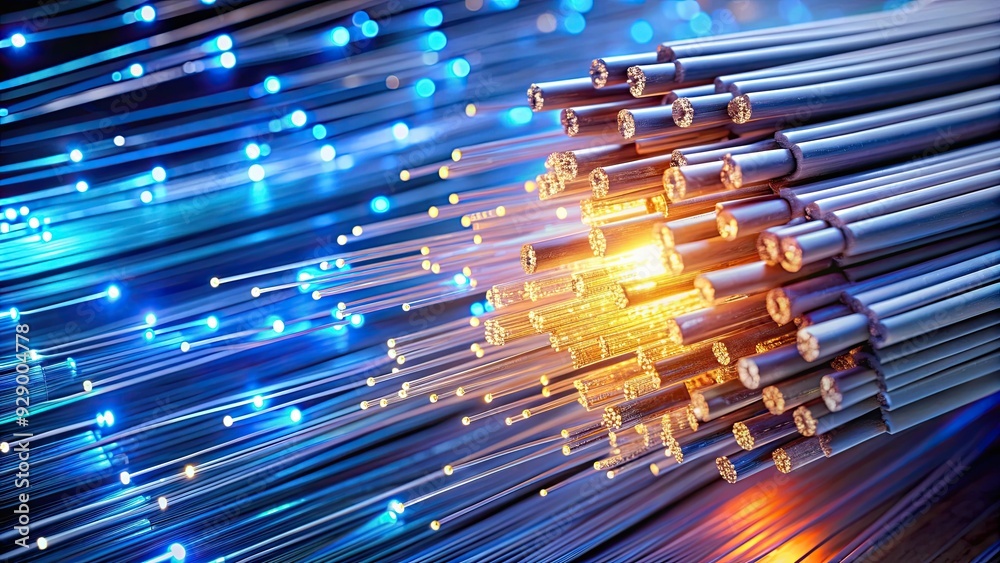 Close up of fiber optic cables connecting and transmitting data, technology, network, communication Close up of fiber optic cables connecting and transmitting data, technology, network, communication