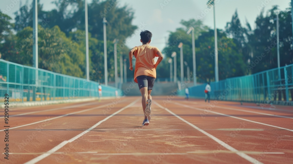 A runner in an energetic stride on a track during the day, under a bright sky, symbolizing movement and determination. A runner in an energetic stride on a track during the day, under a bright sky, symbolizing movement and determination.