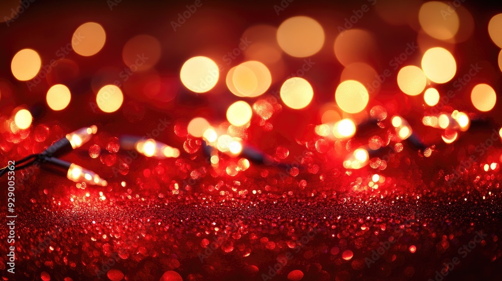 A red glitter background with soft-focus Christmas lights, creating a warm and inviting visual perfect for holiday celebrations