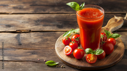 um fundo de suco fresco e saudável mostrando um copo de suco de tomate guarnecido com tomates cereja e folhas de manjericão colocado sobre uma mesa de madeira rústica photo