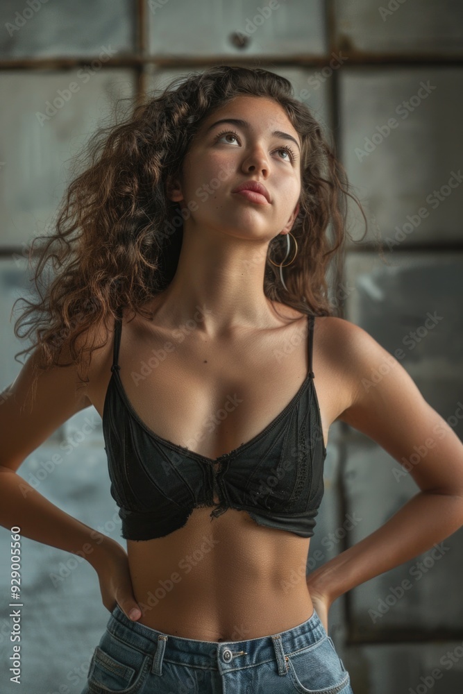 A woman posing in a black bra top, ready for a photoshoot A woman posing in a black bra top, ready for a photoshoot