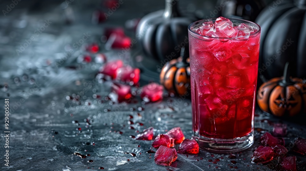 Refreshing red drink with ice surrounded by Halloween decorations and pumpkins Refreshing red drink with ice surrounded by Halloween decorations and pumpkins