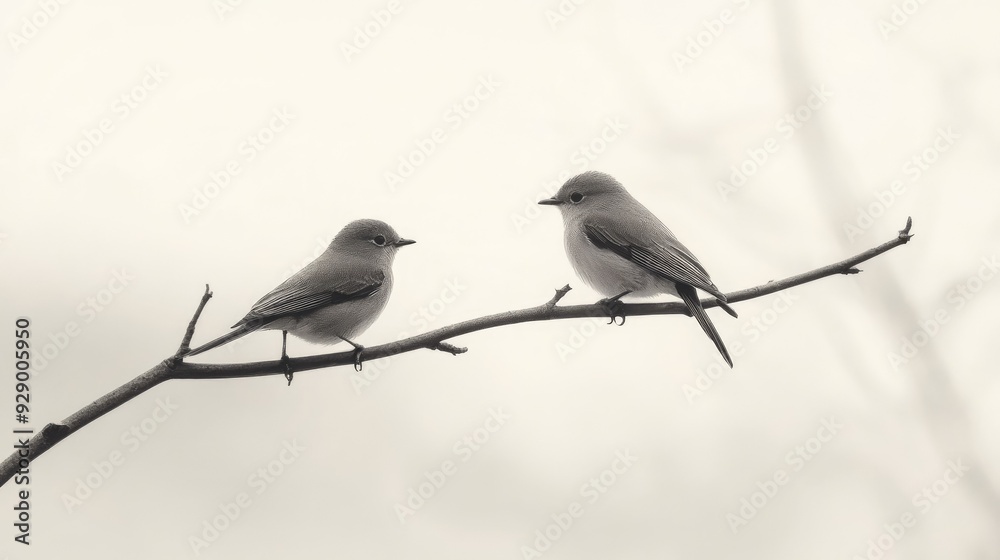A simple, elegant image of two birds sitting together on a branch, with a plain, neutral background enhancing the focus on the birds. A simple, elegant image of two birds sitting together on a branch, with a plain, neutral background enhancing the focus on the birds.