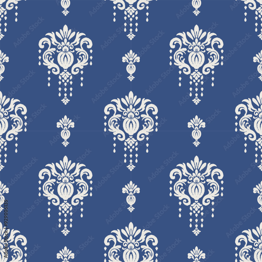Ethnic ikat seamless pattern in blue with hand-drawn floral ornamental designs, textile art, luxury fabrics, scarves, wrapping, home decor, illustration, cultural and traditional fashion and interiors Ethnic ikat seamless pattern in blue with hand-drawn floral ornamental designs, textile art, luxury fabrics, scarves, wrapping, home decor, illustration, cultural and traditional fashion and interiors