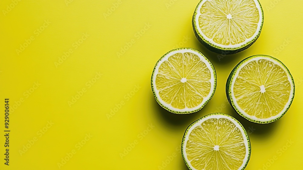 Lime Slice Minimalism: A vibrant, minimal arrangement of lime slices against a radiant yellow background. Lime Slice Minimalism: A vibrant, minimal arrangement of lime slices against a radiant yellow background.