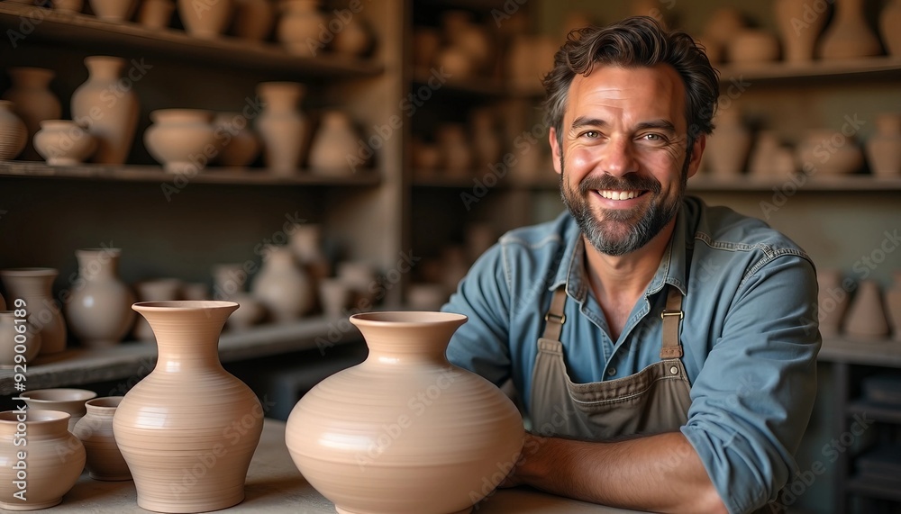 A passionate potter beams with pride beside a beautiful pottery piece in his studio, with earthy tones highlighting his joyful expression. A passionate potter beams with pride beside a beautiful pottery piece in his studio, with earthy tones highlighting his joyful expression.