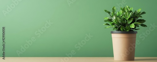 Wallpaper Mural A vibrant green plant in a simple pot sits on a wooden table against a soft green wall, adding a touch of nature to your space. Torontodigital.ca