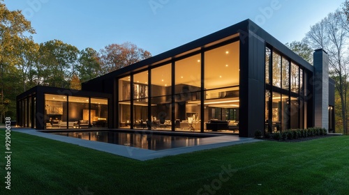 A sleek contemporary house exterior featuring large floor-to-ceiling windows, surrounded by minimalist landscaping.