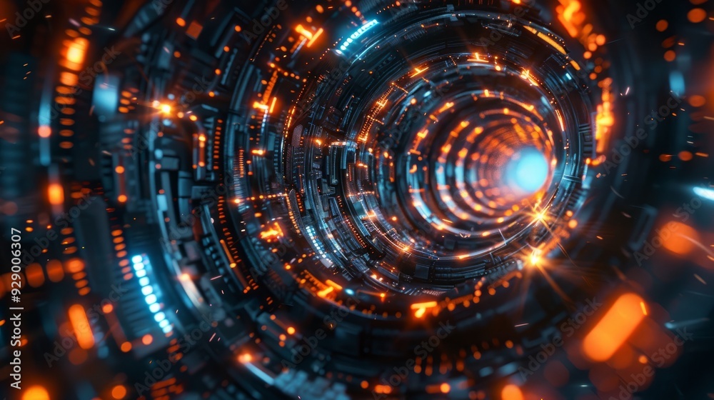 Futuristic tunnel with glowing circuitry and vibrant blue light in a digital landscape Futuristic tunnel with glowing circuitry and vibrant blue light in a digital landscape