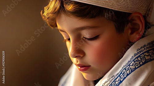 A solemn image of a young Jewish boy wearing a kippah and tallit, deeply engaged in a moment of prayer and reflection. photo