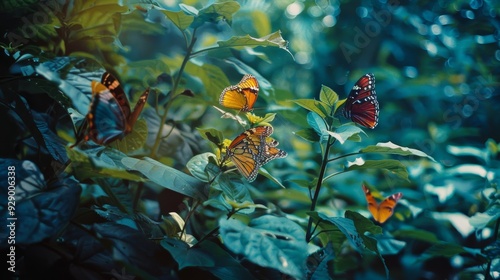 Multiple colorful butterflies rest on green leaves in a serene and mesmerizing natural setting, highlighting the intricate beauty of their delicate wings.