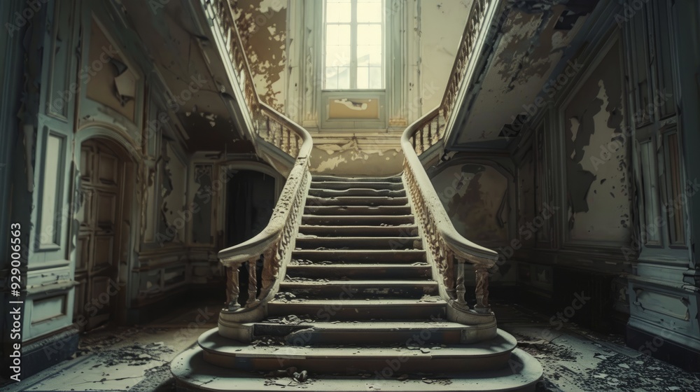 Obraz premium Abandoned grand staircase in an old, deteriorating mansion during daylight