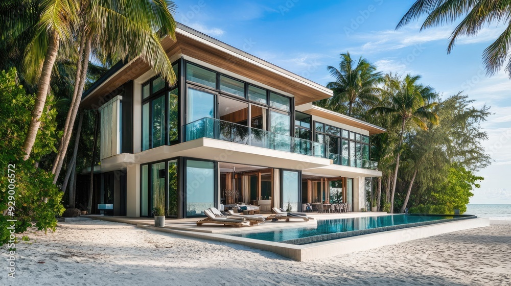 A stunning luxury beach house with large glass windows offering an unobstructed ocean view, surrounded by palm trees and white sand. A stunning luxury beach house with large glass windows offering an unobstructed ocean view, surrounded by palm trees and white sand.