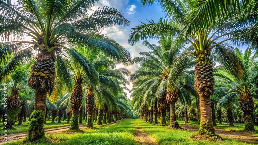 Obraz premium Mature oil palm trees, Elaeis guineensis, with feathery leaves and tall slender trunks, cultivated in a tropical plantation for palm oil production.