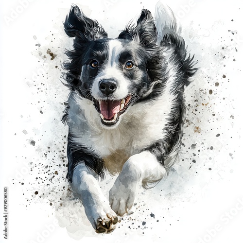 A joyful border collie running exuberantly, capturing the essence of playfulness and energy in a vibrant watercolor style.