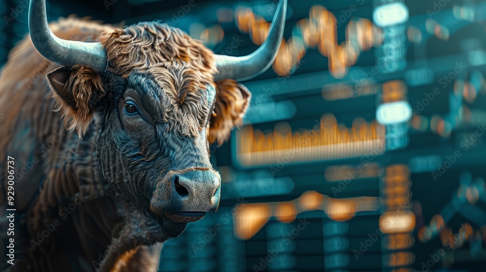 Bull in front of a stock market graph during trading hours Bull in front of a stock market graph during trading hours