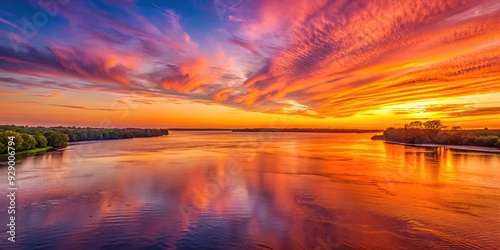 Sunset over Mississippi River with vibrant orange and pink sky , sunset, Mississippi River, vibrant, orange, pink, sky