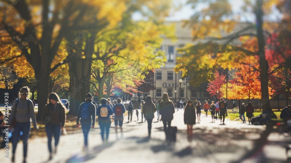 Obraz premium Students enjoy a crisp autumn day, walking amongst amber leaves and colorful trees on a bustling university campus.