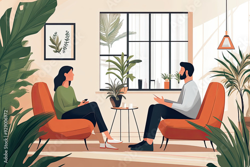 A serene and calming image of a modern psychotherapy session in a comfortable therapy room, with a therapist and client engaged in conversation during a holistic psychotherapy session