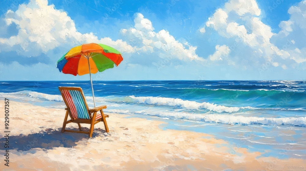 A vibrant summer holiday scene, with a colorful beach chair and umbrella set up on a sandy beach, waves gently rolling in. A vibrant summer holiday scene, with a colorful beach chair and umbrella set up on a sandy beach, waves gently rolling in.