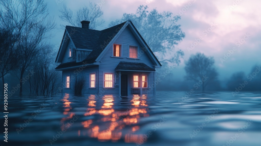 A visual representation of flood insurance, with a house surrounded by rising floodwaters, emphasizing the importance of protection. A visual representation of flood insurance, with a house surrounded by rising floodwaters, emphasizing the importance of protection.