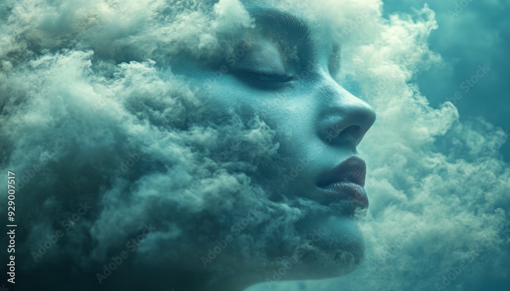 Mysterious person amid swirling dark and bright clouds Mysterious person amid swirling dark and bright clouds
