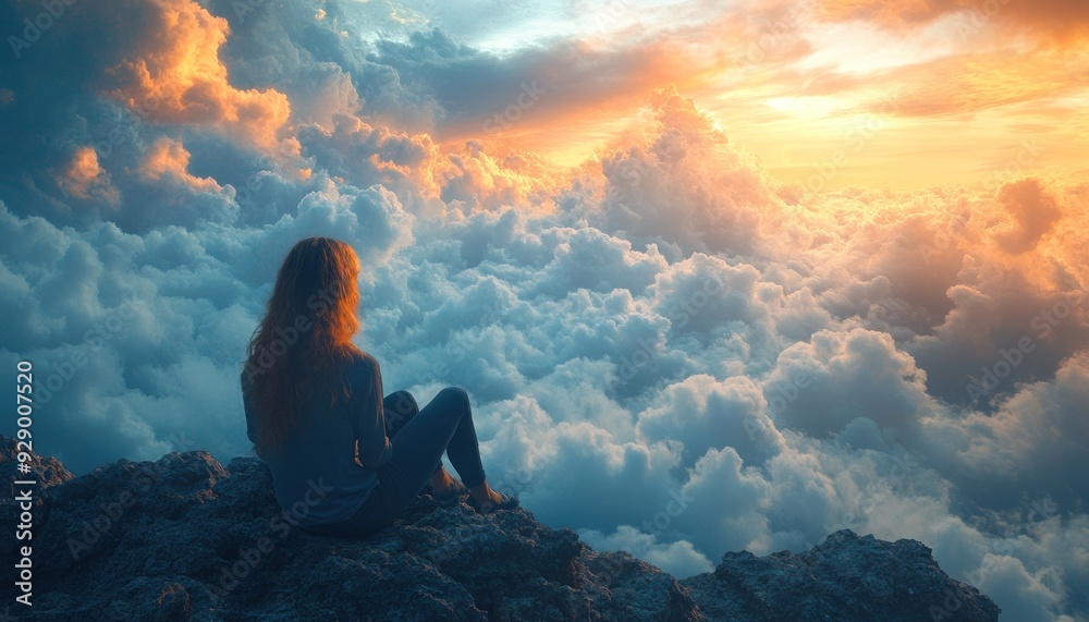 Obraz premium Person sitting on rocky cliff overlooking cloudscape sunset