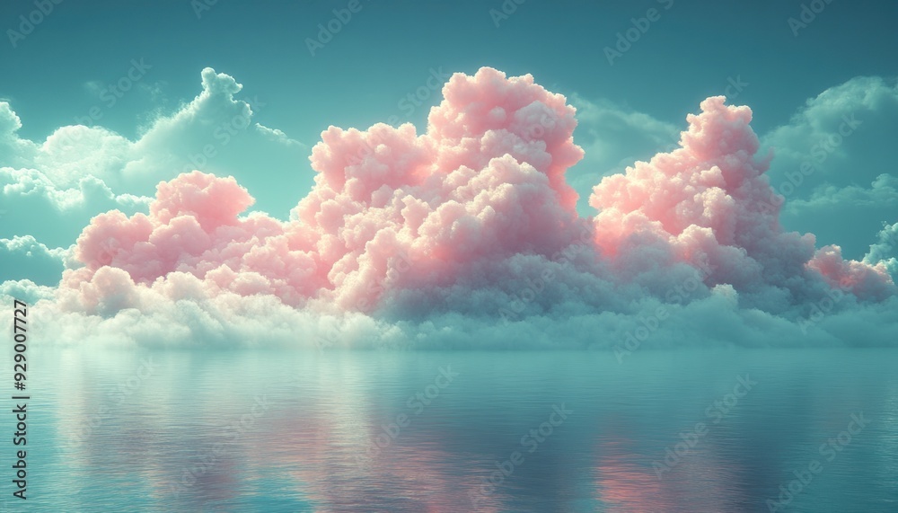 Pink and white fluffy clouds over a calm blue sea.