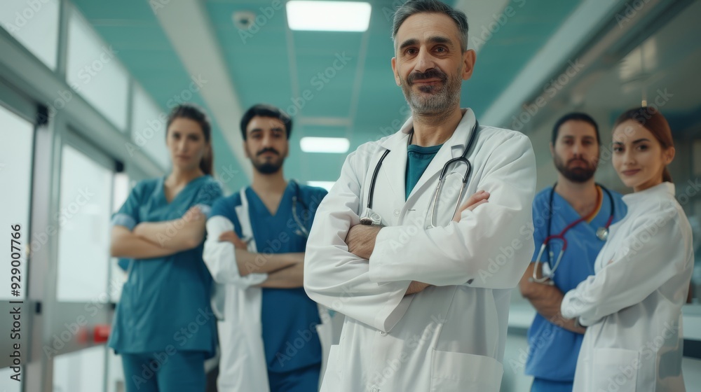 Medical professionals posing confidently in a bright hospital environment, showcasing teamwork and dedication to patient care. Medical professionals posing confidently in a bright hospital environment, showcasing teamwork and dedication to patient care.