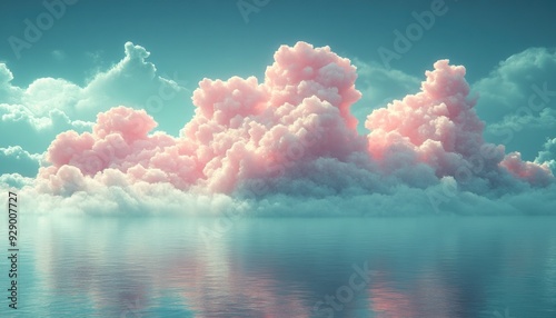 Pink and white fluffy clouds over a calm blue sea. photo