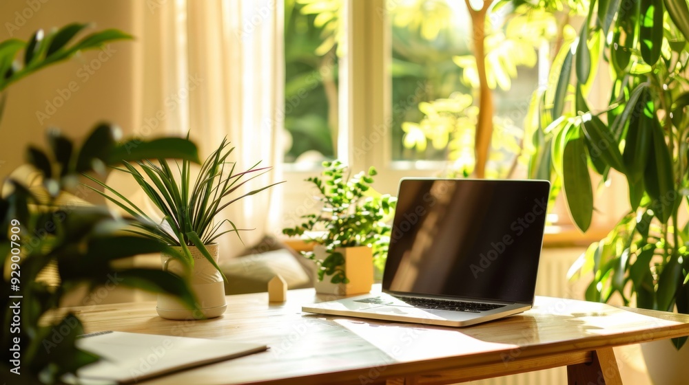 A home office with a wooden desk, open laptop, and lush potted plants bathed in warm sunlight through a window, creating an inviting work atmosphere. A home office with a wooden desk, open laptop, and lush potted plants bathed in warm sunlight through a window, creating an inviting work atmosphere.