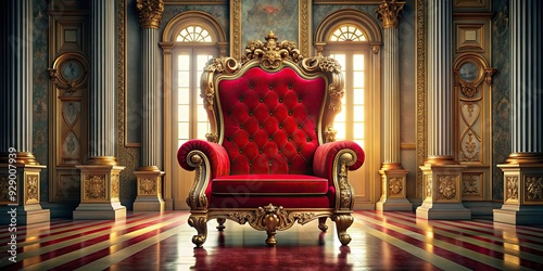 Luxurious red velvet throne sitting in the center of a grand hall , royal, opulent, regal, elegant, majestic