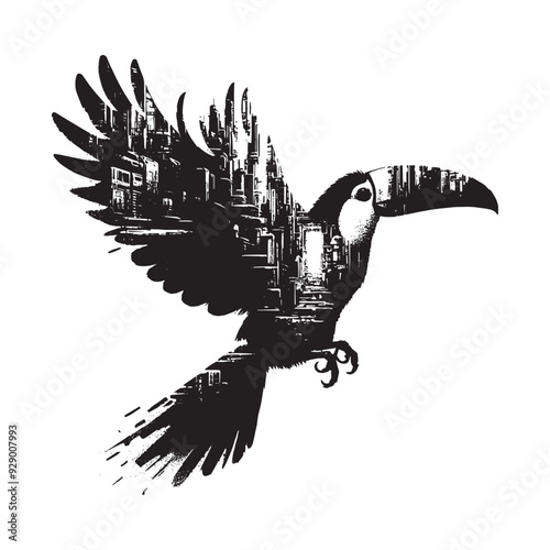 silhouette of Toucan filled with destroyed futuristic dystopia environment in rough drawing