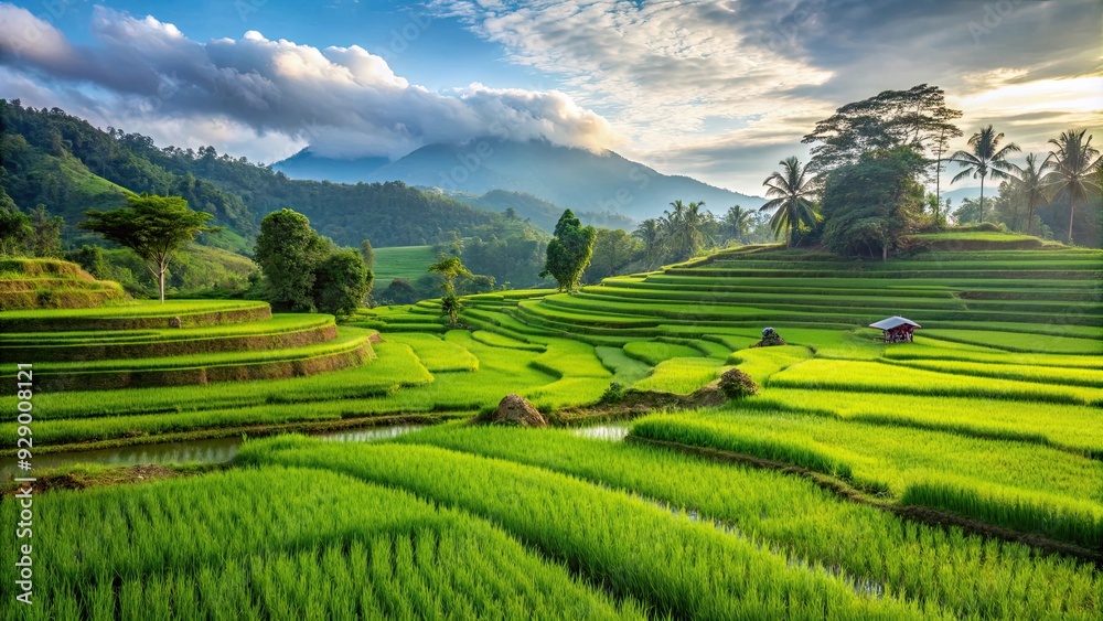 Fototapeta premium Lush green rice fields in the countryside , agriculture, farming, growth, crops, landscape, rural, Asia, irrigation, farmland