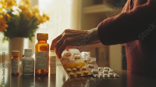 An elderly individual sorts various prescription bottles and pills, ensuring proper medication management photo