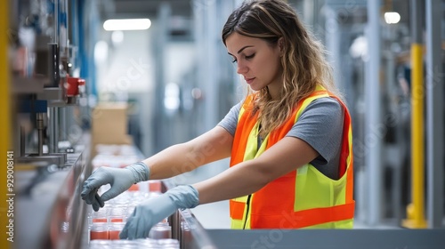 A woman in safety attire, including a reflective vest and gloves, inspecting items on a production line, ensuring adherence to standards.