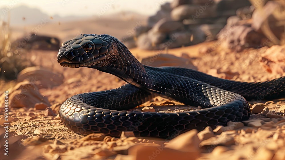 A sinuous black mamba gracefully crossing a desert trail, its movement captured in mid-slit. A sinuous black mamba gracefully crossing a desert trail, its movement captured in mid-slit.