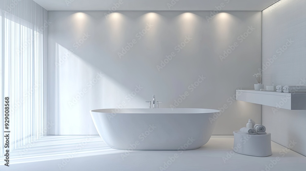 An all-white bathroom with a freestanding bathtub and recessed lighting, creating a clean and serene atmosphere. An all-white bathroom with a freestanding bathtub and recessed lighting, creating a clean and serene atmosphere.