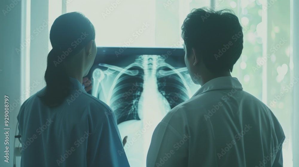 Two medical professionals analyze a chest X-ray displayed on a screen, discussing potential diagnoses in a softly lit room. Two medical professionals analyze a chest X-ray displayed on a screen, discussing potential diagnoses in a softly lit room.