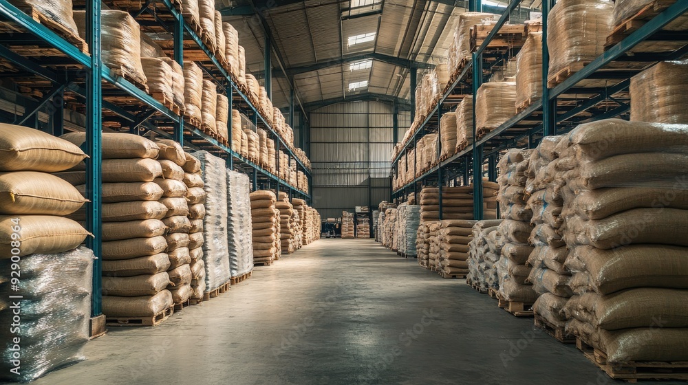 Fototapeta premium An industrial warehouse filled with rows of rice sacks, with the structure and organization highlighting large-scale supply chain operations